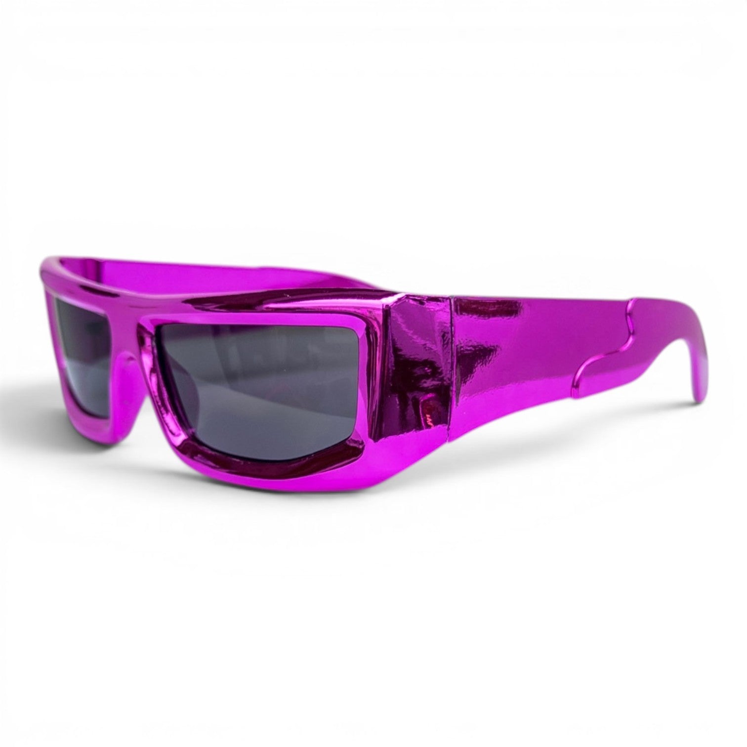 Go Girl USA Shop metallic magenta wrap-around sunglasses with dark lenses and a futuristic design.