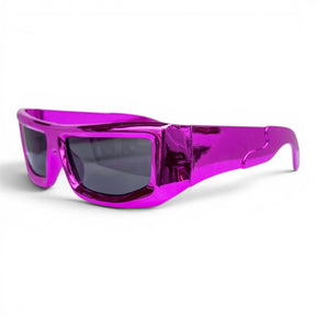 Go Girl USA Shop metallic magenta wrap-around sunglasses with dark lenses and a futuristic design.