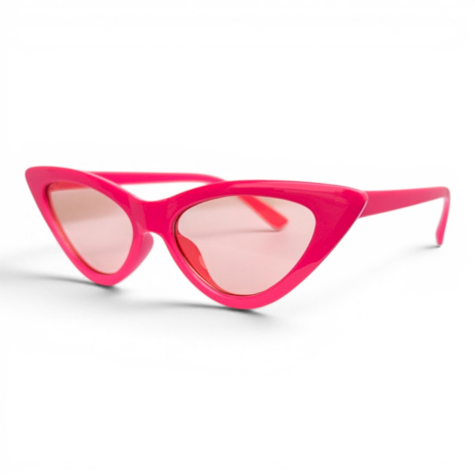 Go Girl USA Shop bright pink cat-eye sunglasses with light brown lenses and pointed frames.