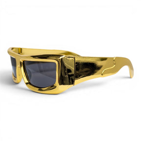 Go Girl USA Shop gold futuristic wrap sunglasses with dark lenses and unique frame design.