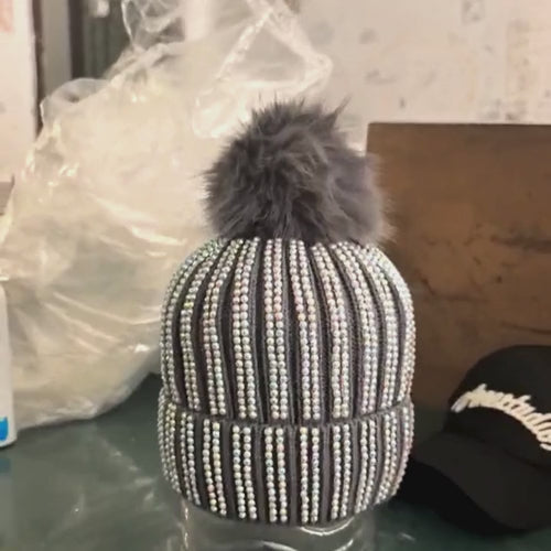CrystalKnit Fur Pom Beanie